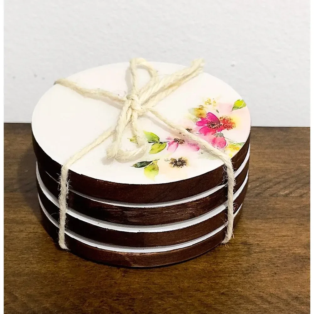 NWT: Godinger - Set of 4, Walnut Wood & Enamel, Floral Coasters